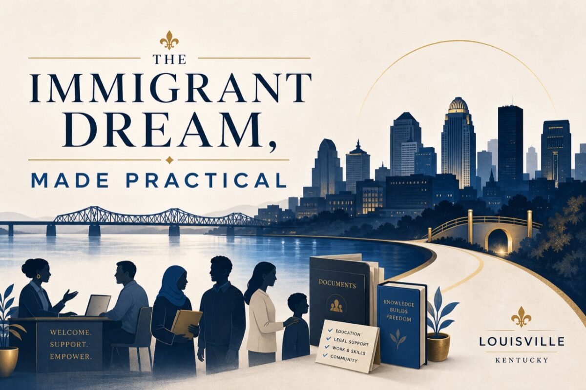 Louisville community and immigrant dignity visual representing service, education, and practical hope.