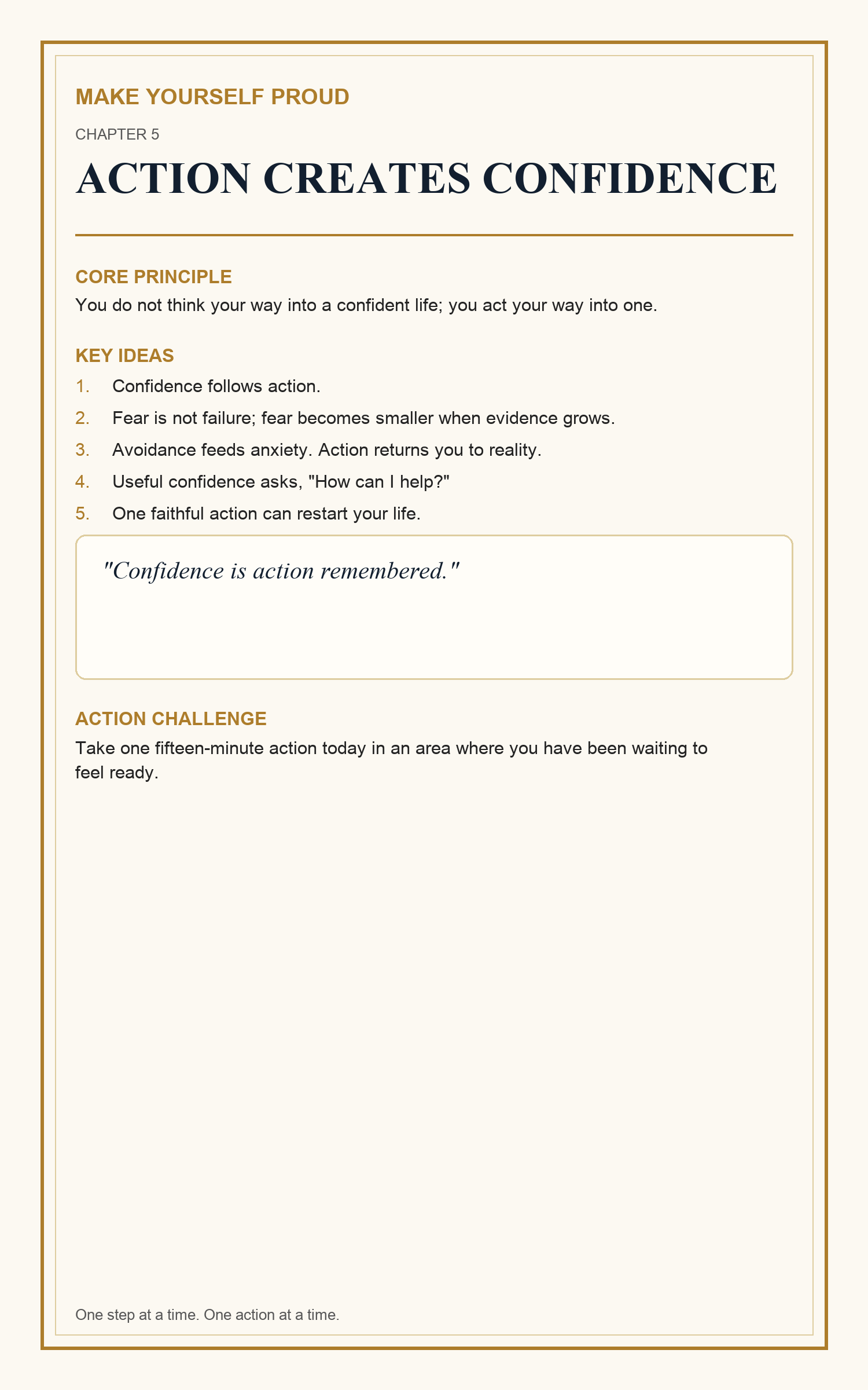 Infographic from Make Yourself Proud on action, confidence, and evidence.