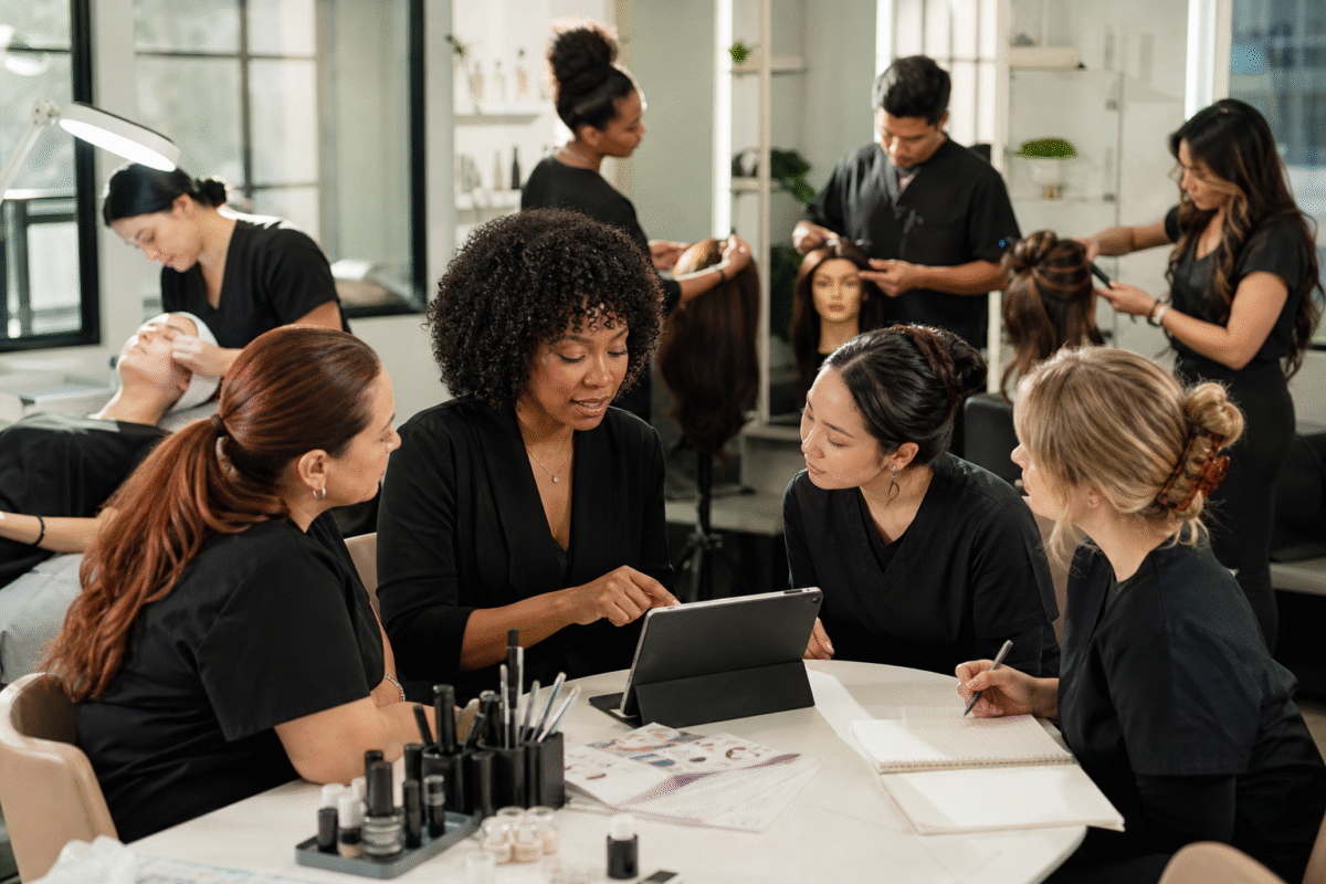 Modern beauty education training environment showing multiple specialized career pathways including nails, skincare, hair, and student guidance.