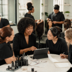 Modern beauty education training environment showing multiple specialized career pathways including nails, skincare, hair, and student guidance.