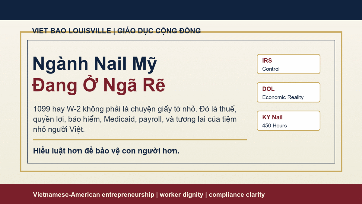 Featured image in Vietnamese explaining that the U.S. nail industry is at a crossroads around 1099, W-2, tax, Medicaid, payroll, and Vietnamese small salons