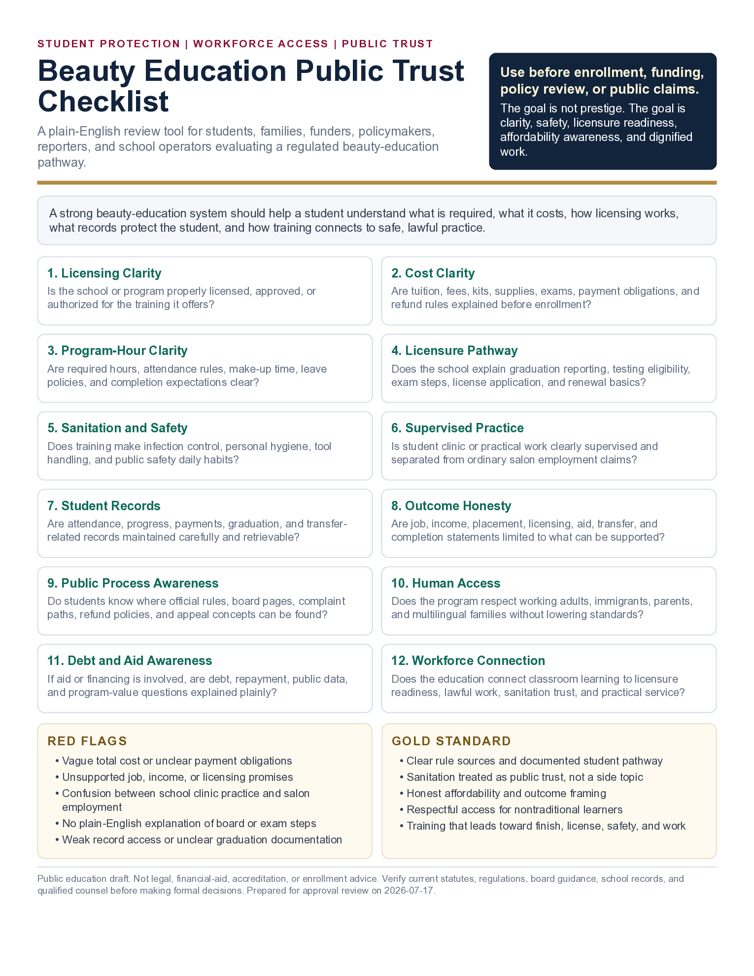 Beauty Education Public Trust Checklist for students and families.