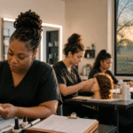 Editorial image of adult beauty students practicing hands-on skills, symbolizing real attendance, self-pay education, long commutes, and public-dollar transparency.