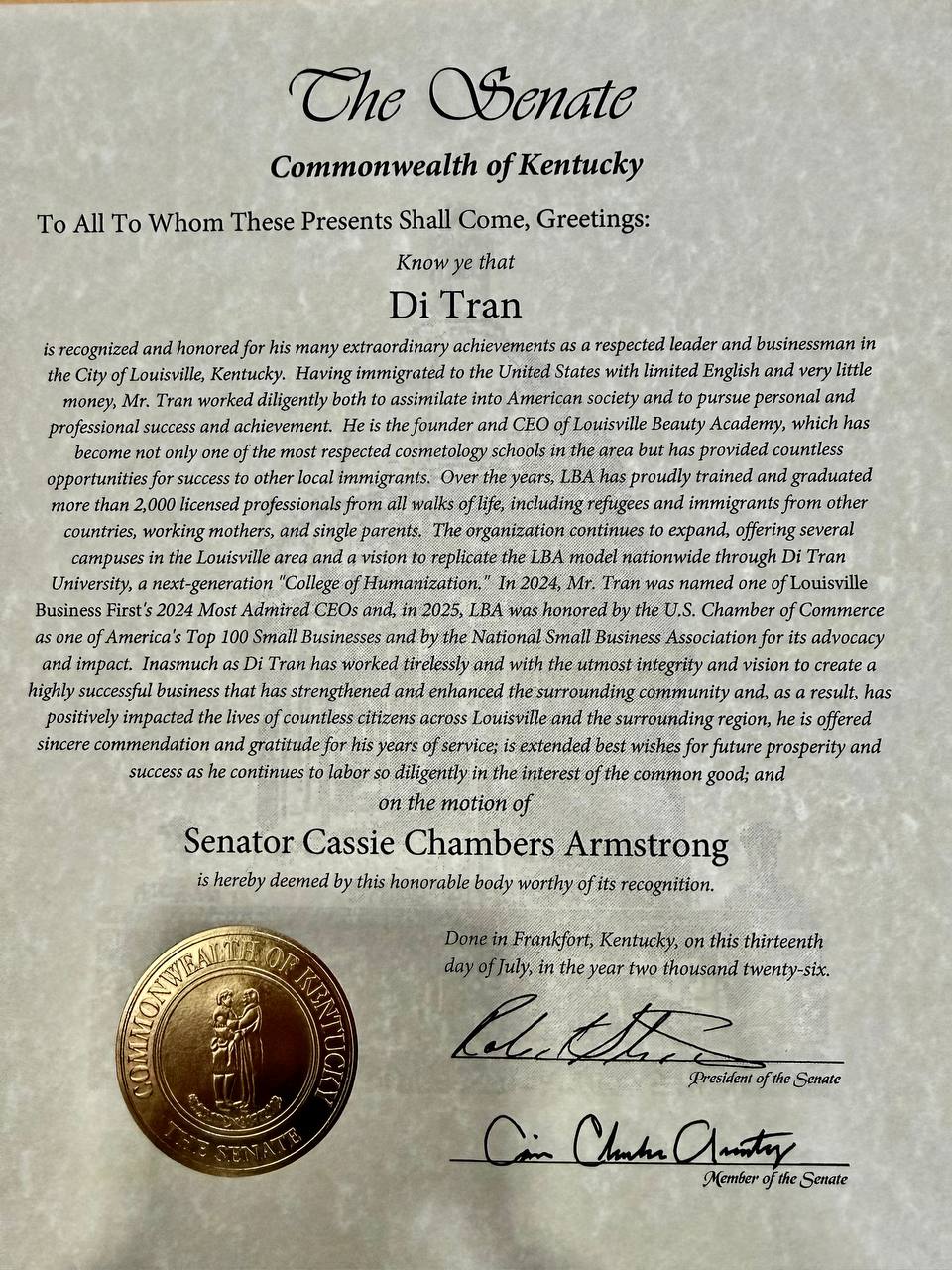 Kentucky Senate recognition honoring Di Tran on the motion of Senator Cassie Chambers Armstrong, dated July 13, 2026.