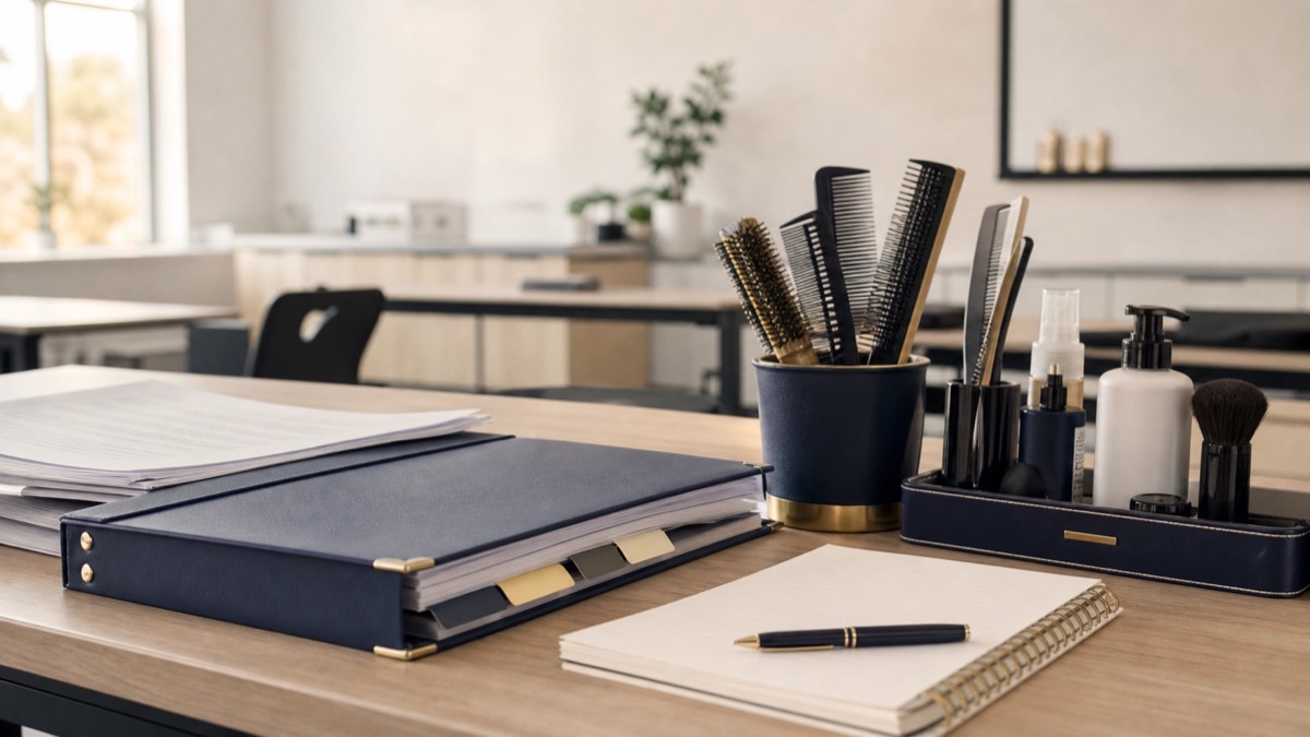 Organized school documents and beauty education materials prepared for family consumer education.