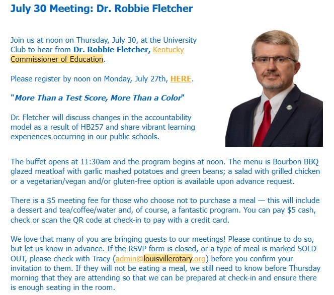 Rotary Club of Louisville July 30 meeting notice for Dr. Robbie Fletcher, Kentucky Commissioner of Education, titled More Than a Test Score, More Than a Color.