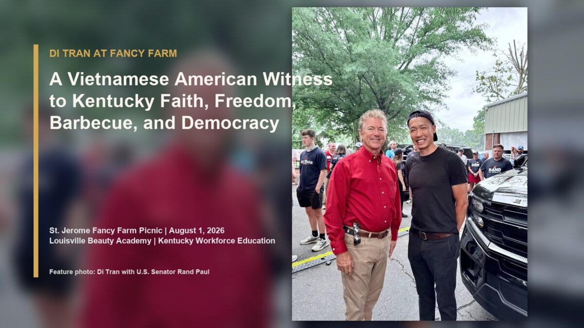 Di Tran with U.S. Senator Rand Paul at the St. Jerome Fancy Farm Picnic in Kentucky on August 1, 2026.
