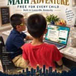 Jayden Tran, 12, launches the free Math Adventure learning app in Louisville, Kentucky, with young family members gathered around a laptop.