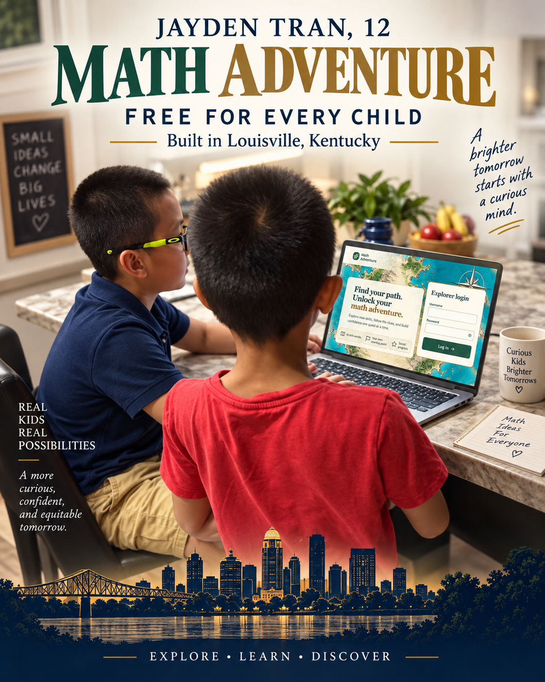 Jayden Tran, 12, launches the free Math Adventure learning app in Louisville, Kentucky, with young family members gathered around a laptop.