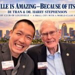 Di Tran with Dr. Harry Stephenson, with the Louisville skyline and Rotary Club of Louisville context.
