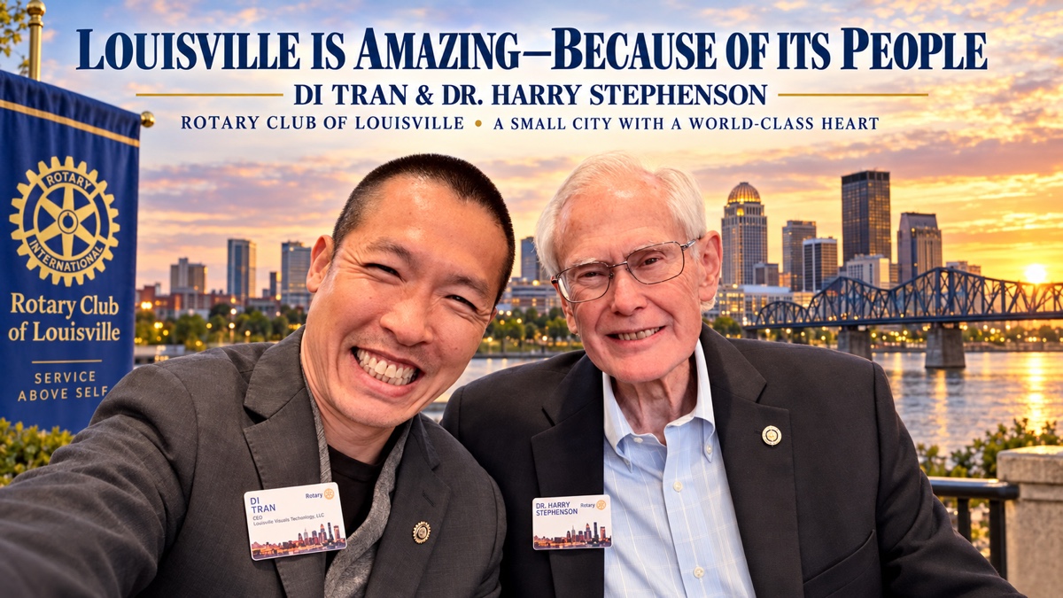 Di Tran with Dr. Harry Stephenson, with the Louisville skyline and Rotary Club of Louisville context.