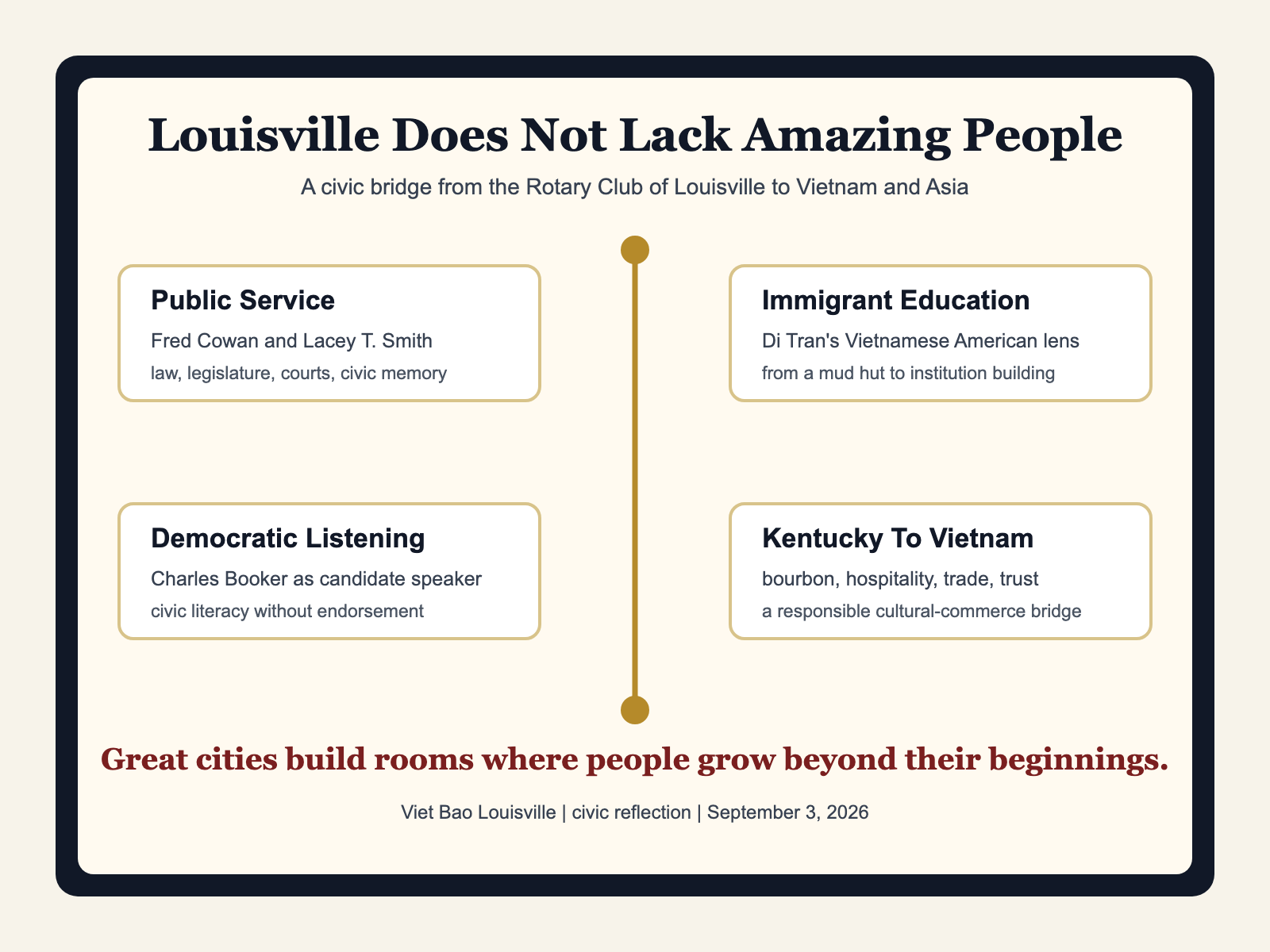 Visual explainer showing four civic bridge themes: public service, immigrant education, democratic listening, and Kentucky to Vietnam cultural commerce.