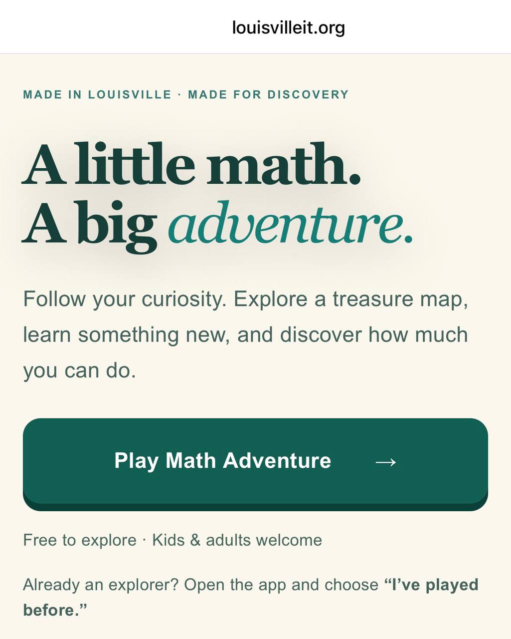 Màn hình chào thật của Math Adventure với nút Play Math Adventure