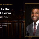 Feature graphic with Rene Brown portrait over the Louisville skyline for a Viet Bao Louisville civic reflection on Rotary, diversity, and Service Above Self.