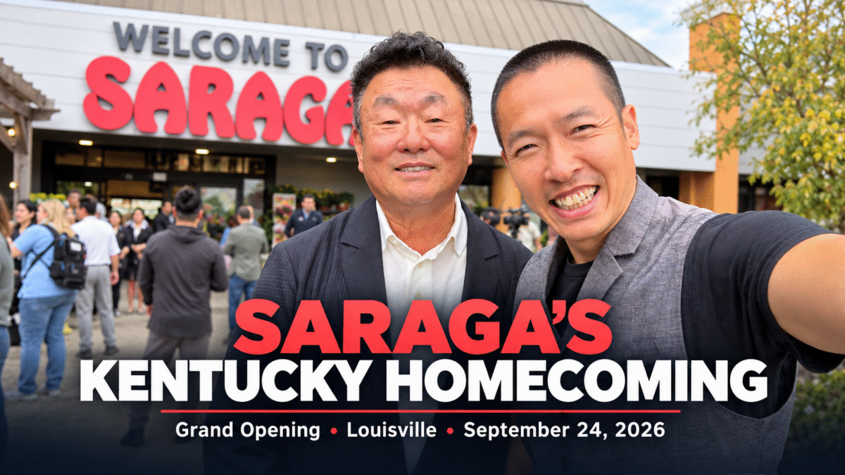 Louisville entrepreneur Di Tran with a Saraga family-business leader at the September 24, 2026 grand opening of Saraga International Grocery’s first Kentucky store.