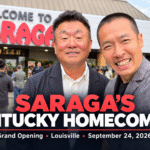 Louisville entrepreneur Di Tran with a Saraga family-business leader at the September 24, 2026 grand opening of Saraga International Grocery’s first Kentucky store.