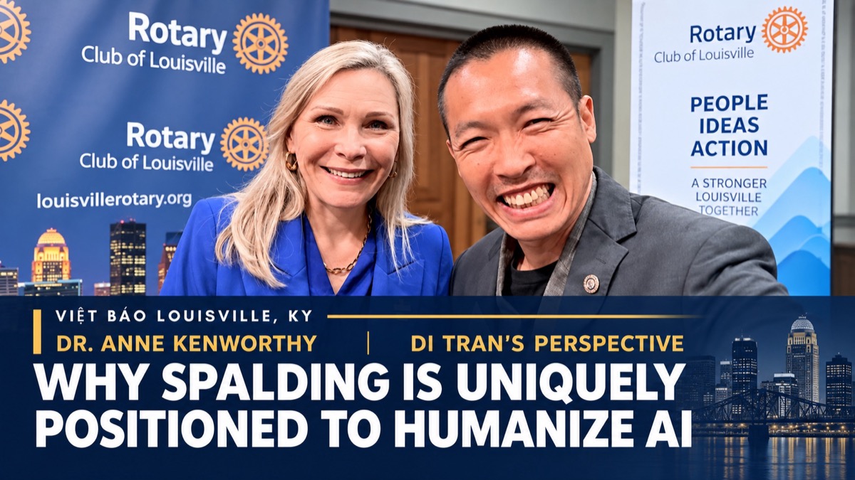 Spalding University President Dr. Anne Kenworthy and Di Tran smiling together at the Rotary Club of Louisville, with a feature headline about humanizing AI.