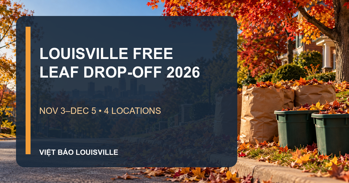 Original autumn Louisville neighborhood image with the title Louisville Free Leaf Drop-Off 2026, November 3 to December 5, four locations